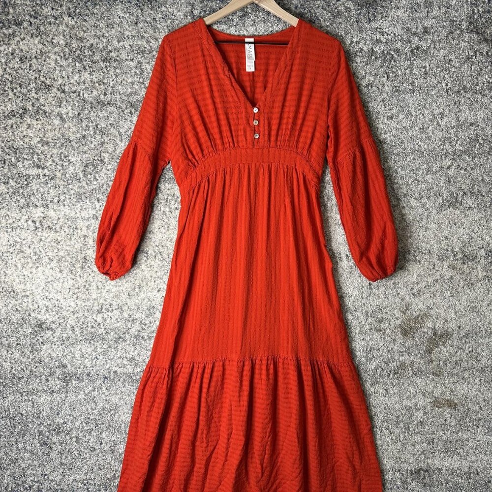 Amadi Dress Womens Small Red Rayon Linen Maxi Long Sleeve Made In USA‎ Tiered